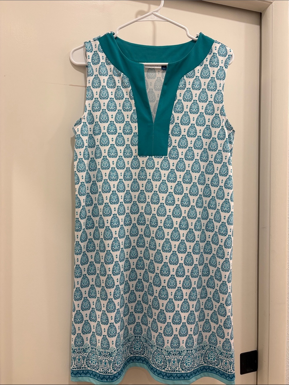 Cabana Life Teal and White Printed Sleeveless Shift Dress